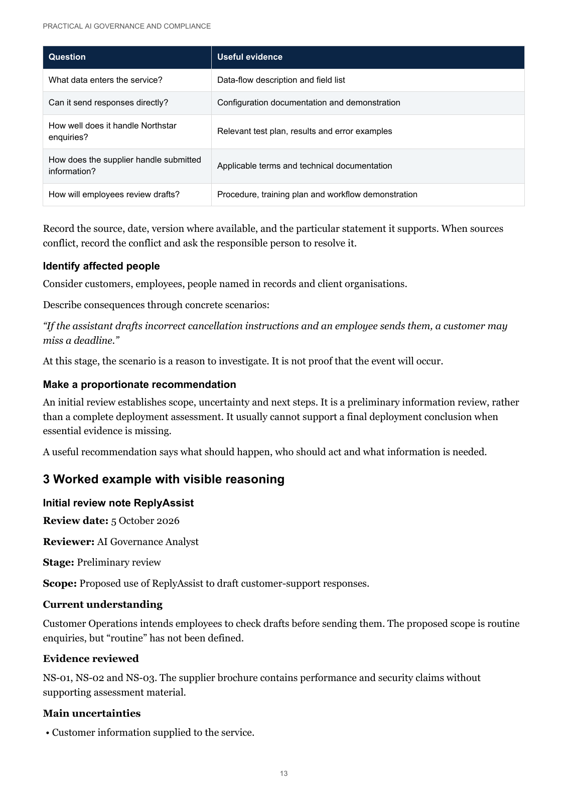 Actual premium PDF page 13: evidence questions and explained worked example