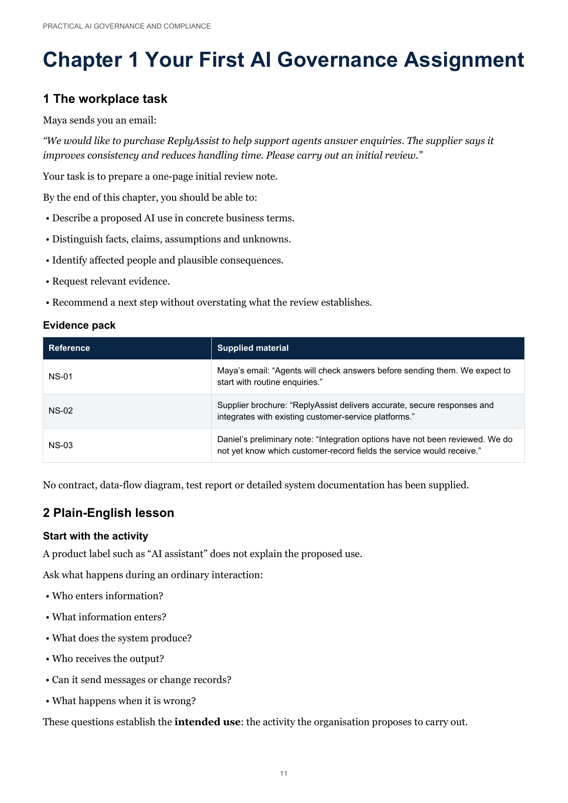 Actual premium PDF page 11: Chapter 1 Your First AI Governance Assignment