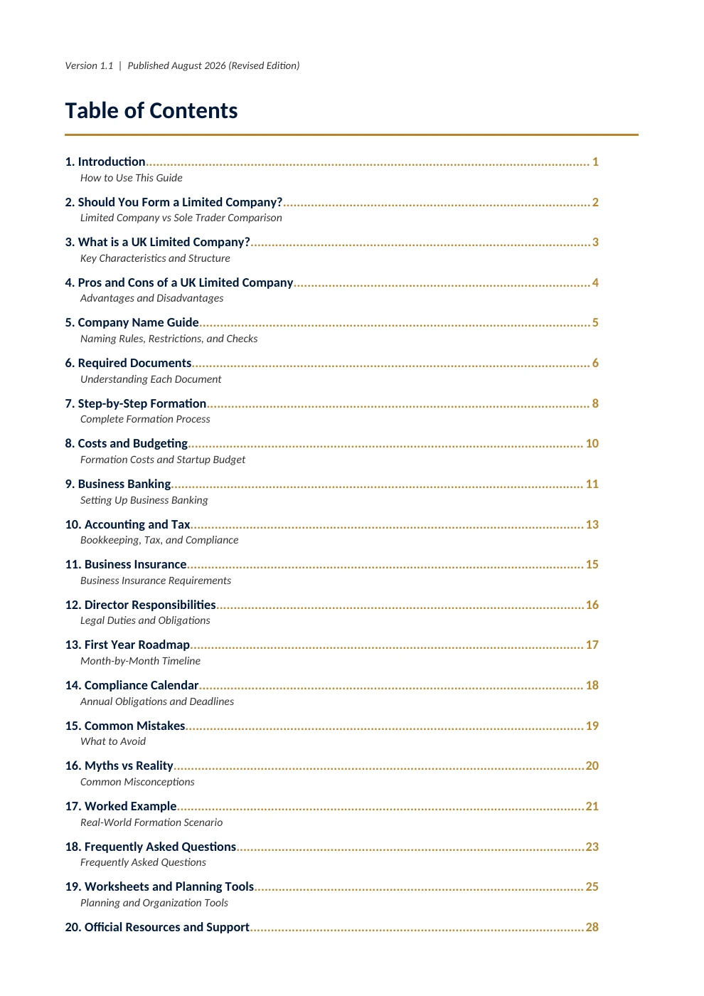 Table of contents from the actual guide