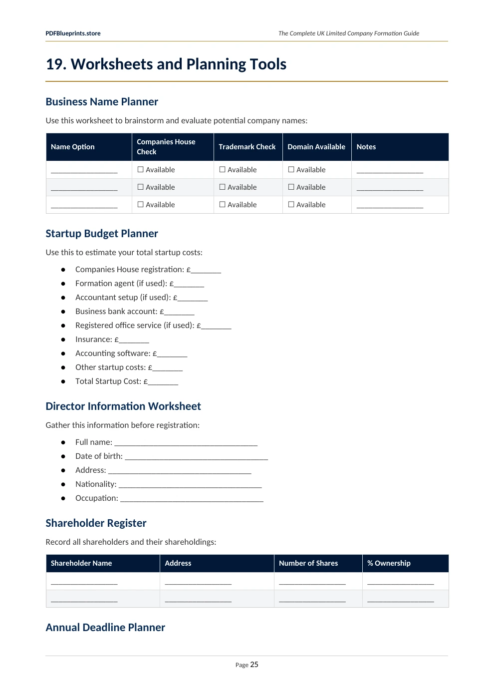 Sample of the included planning worksheets