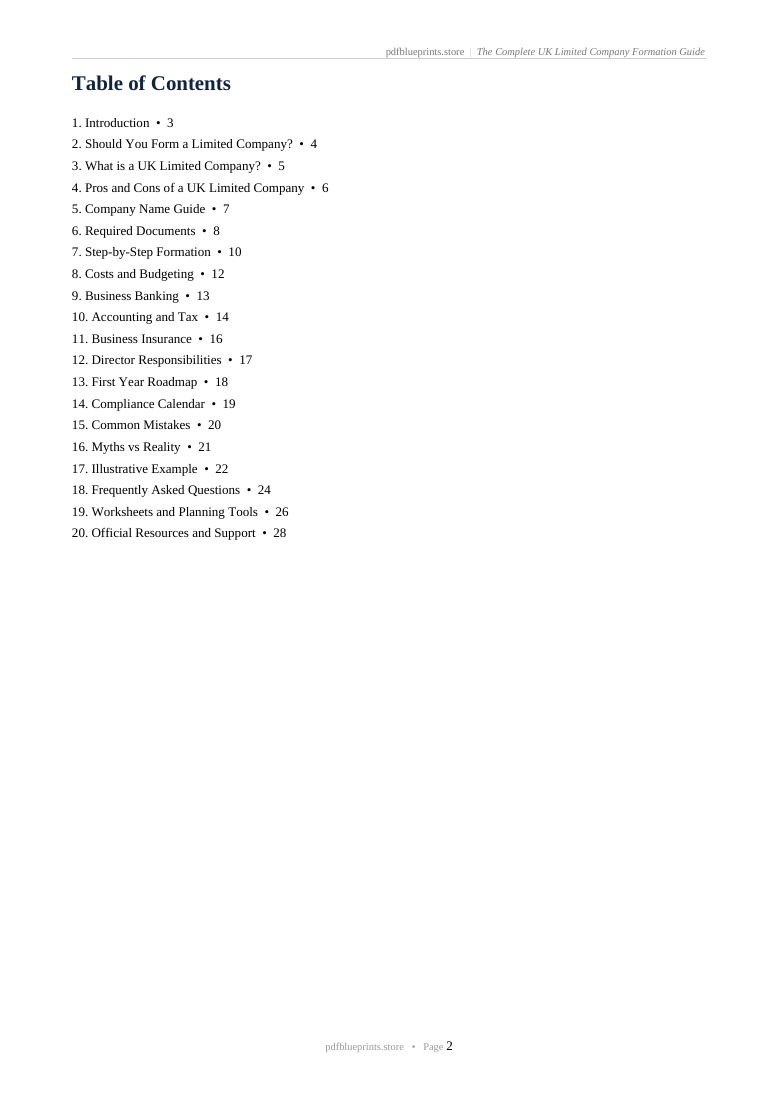UK company formation guide version 1.3, contents page 2