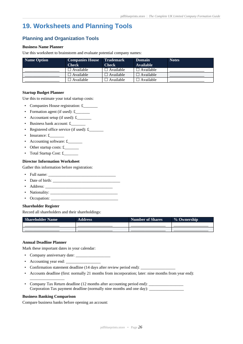 UK company formation guide version 1.3, planning worksheets page 26
