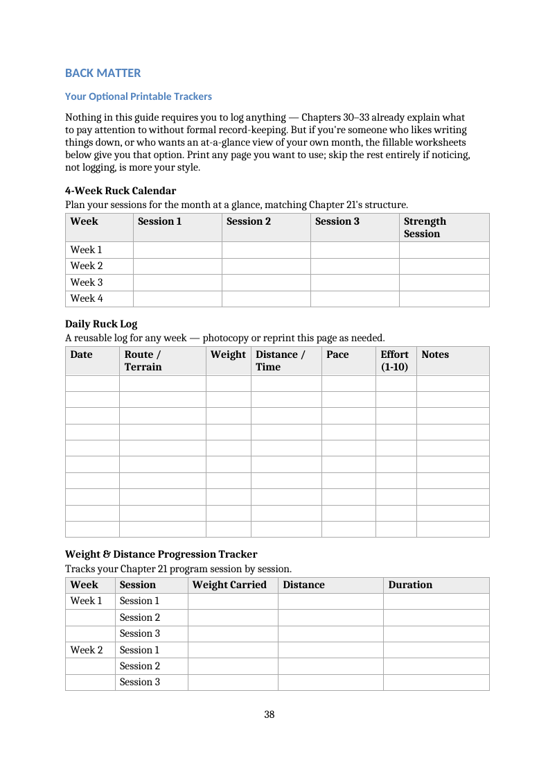 Calendar and daily ruck log — actual PDF page 38