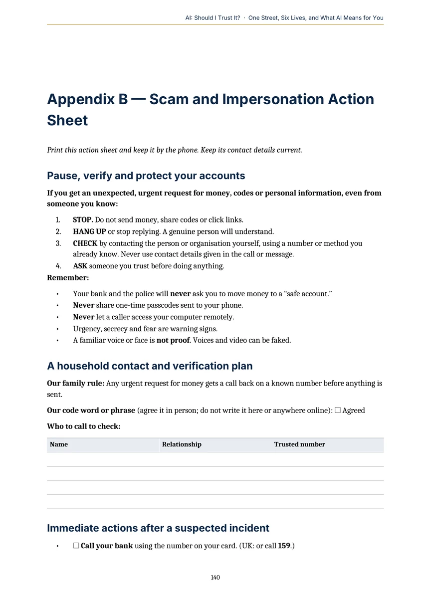 AI: Should I Trust It? — actual Scam and Impersonation Action Sheet page 140