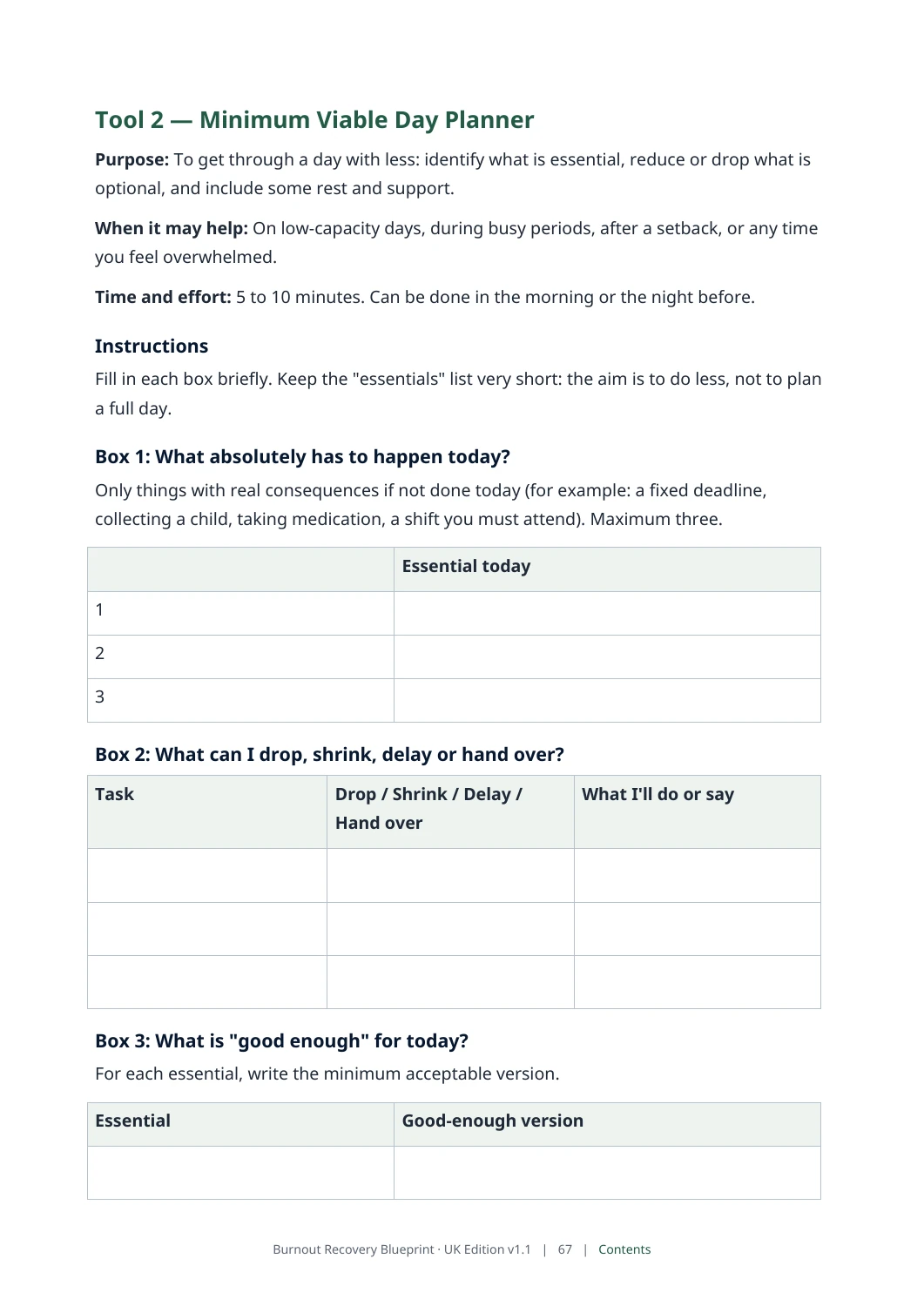 Burnout Recovery Blueprint — actual Minimum Viable Day Planner page 67