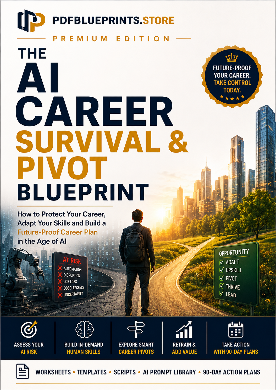 AI career survival & pivot blueprint book cover with city path and skills icons