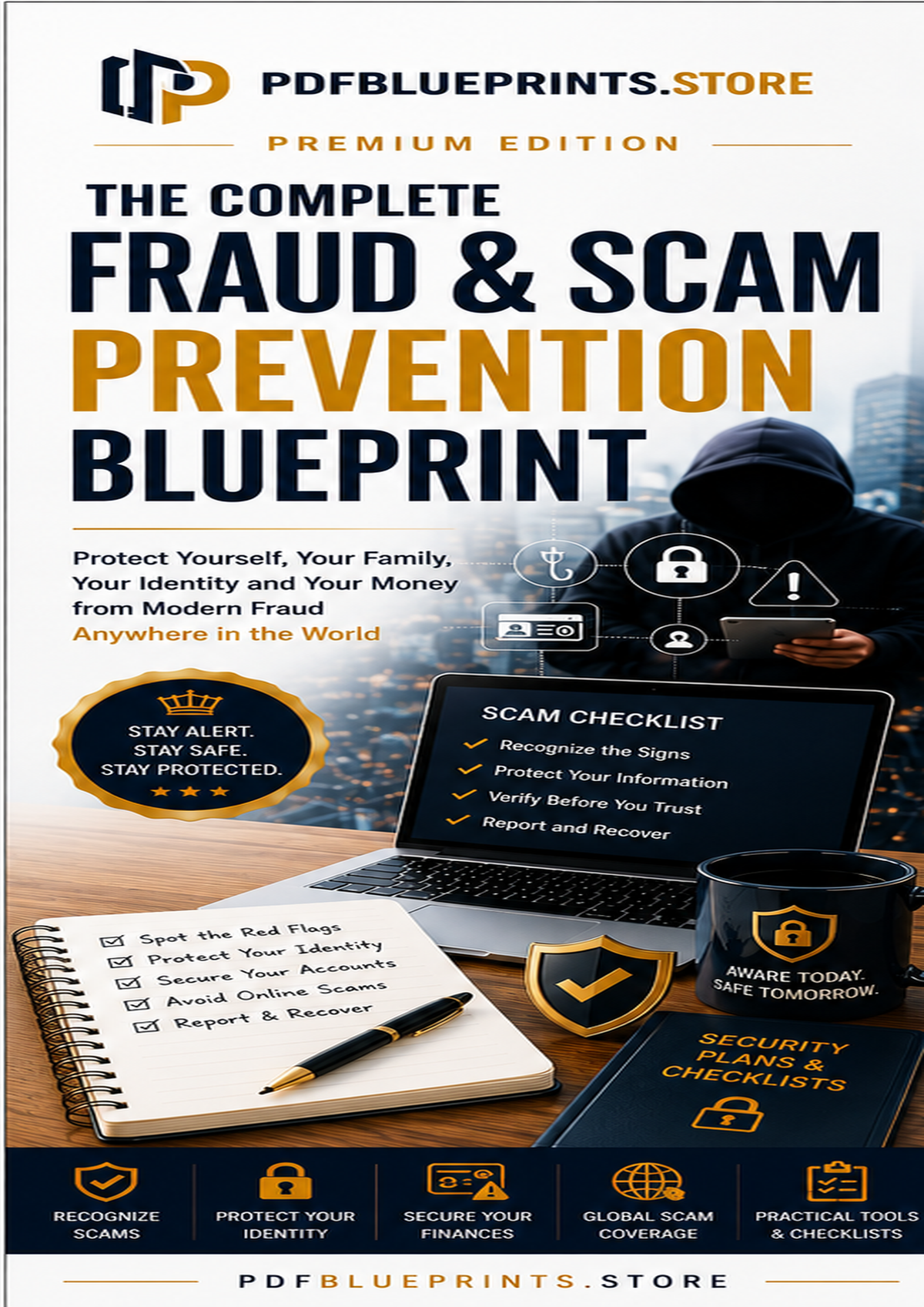 Fraud & scam prevention blueprint premium guide cover with checklist and security icons