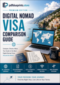 Digital nomad visa comparison guide cover with laptop map, passports, and coffee mug
