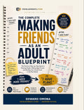 Making Friends as an Adult blueprint guidebook, blue and gold cover with title