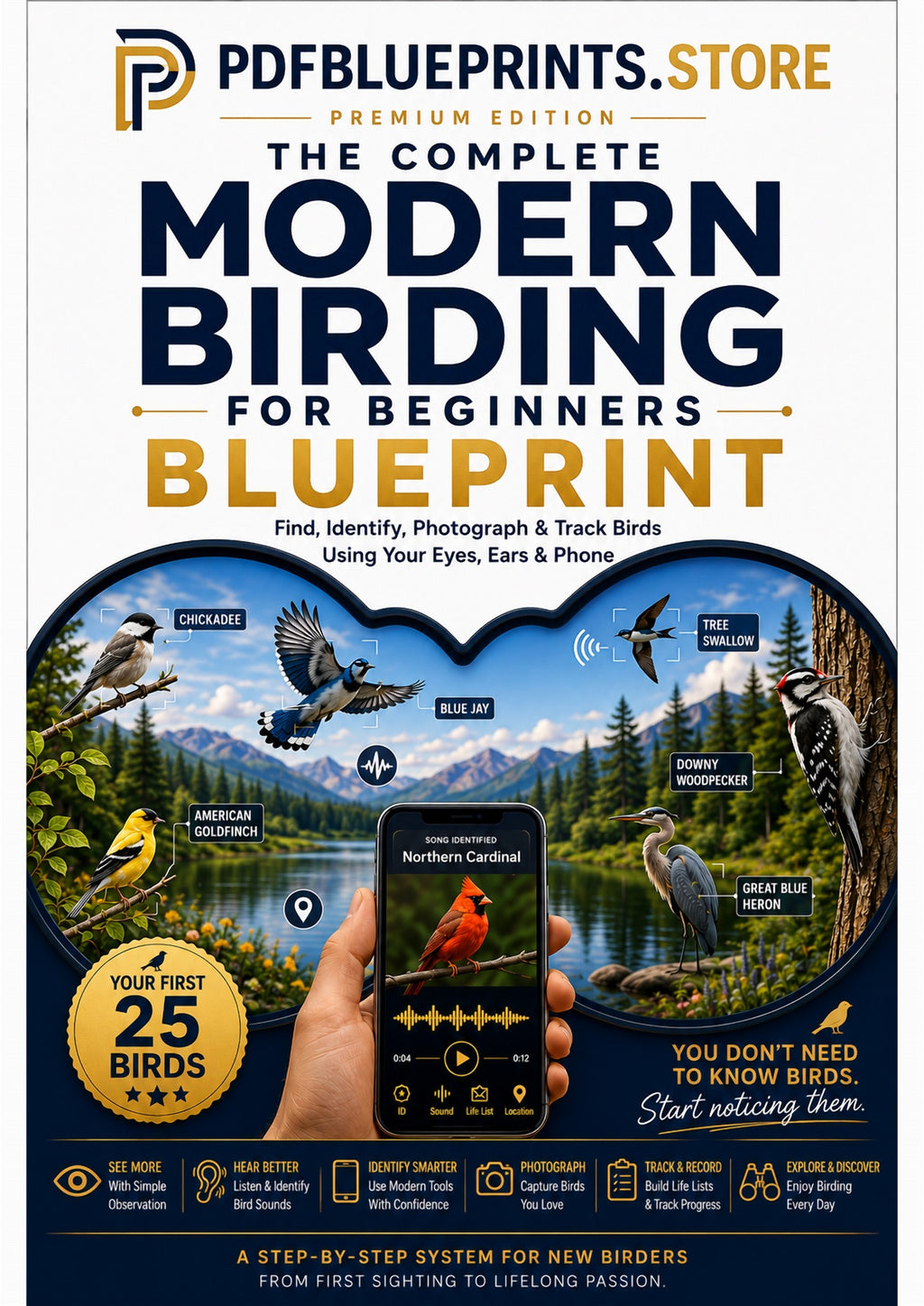 Modern Birding for Beginners guide book, blue cover with bird photos and smartphone app icons