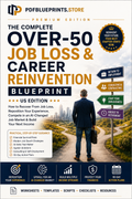 Over-50 job loss & career reinvention blueprint book with badges and checklist sections