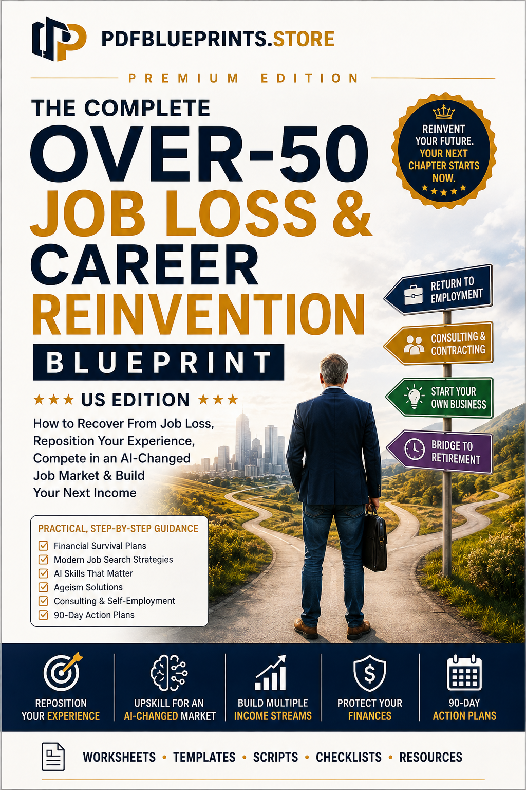 Over-50 job loss & career reinvention blueprint book with badges and checklist sections