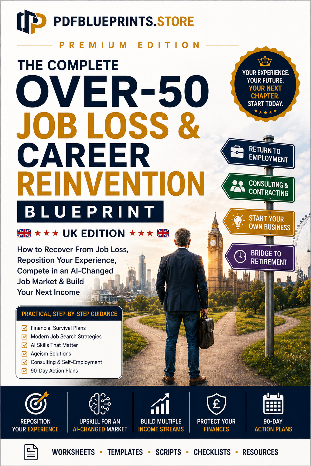 Over-50 job loss and career reinvention blueprint guide book for UK edition