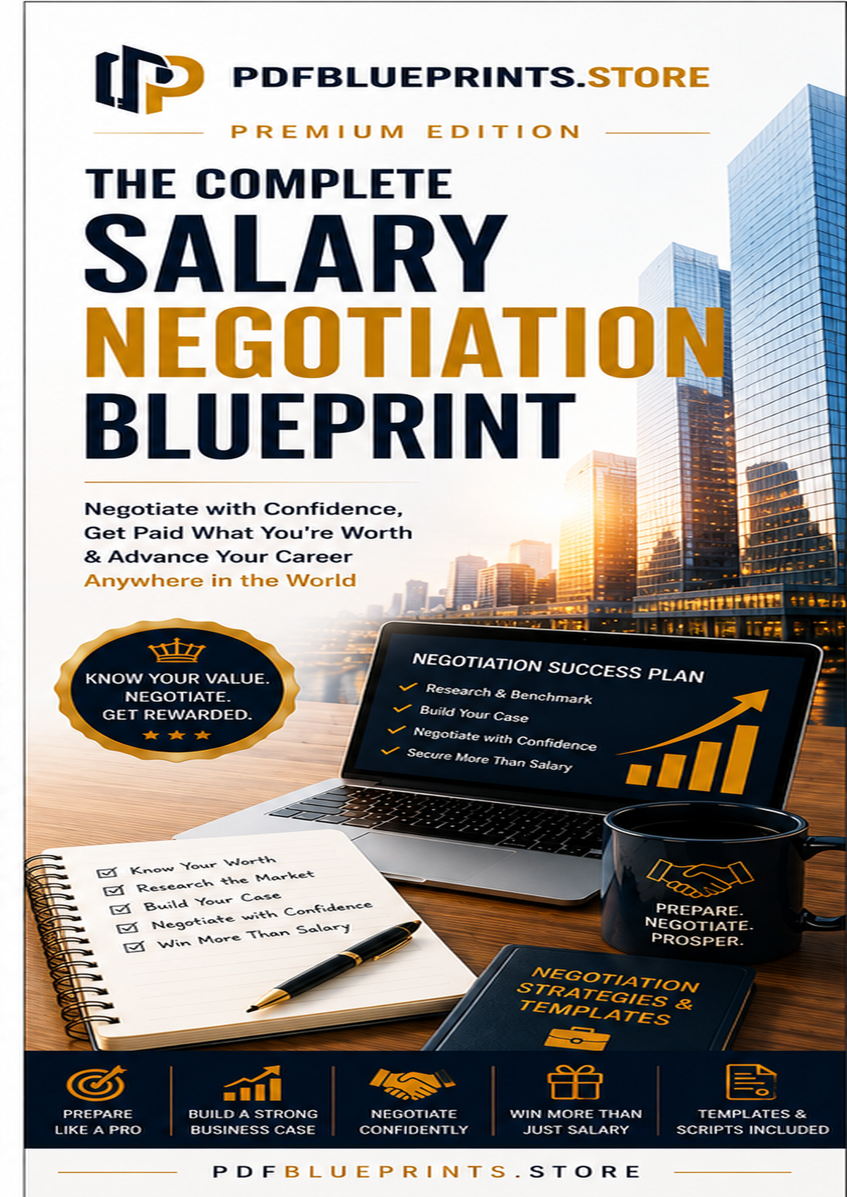 Complete salary negotiation blueprint guide cover with laptop, notes, and earnings checklist