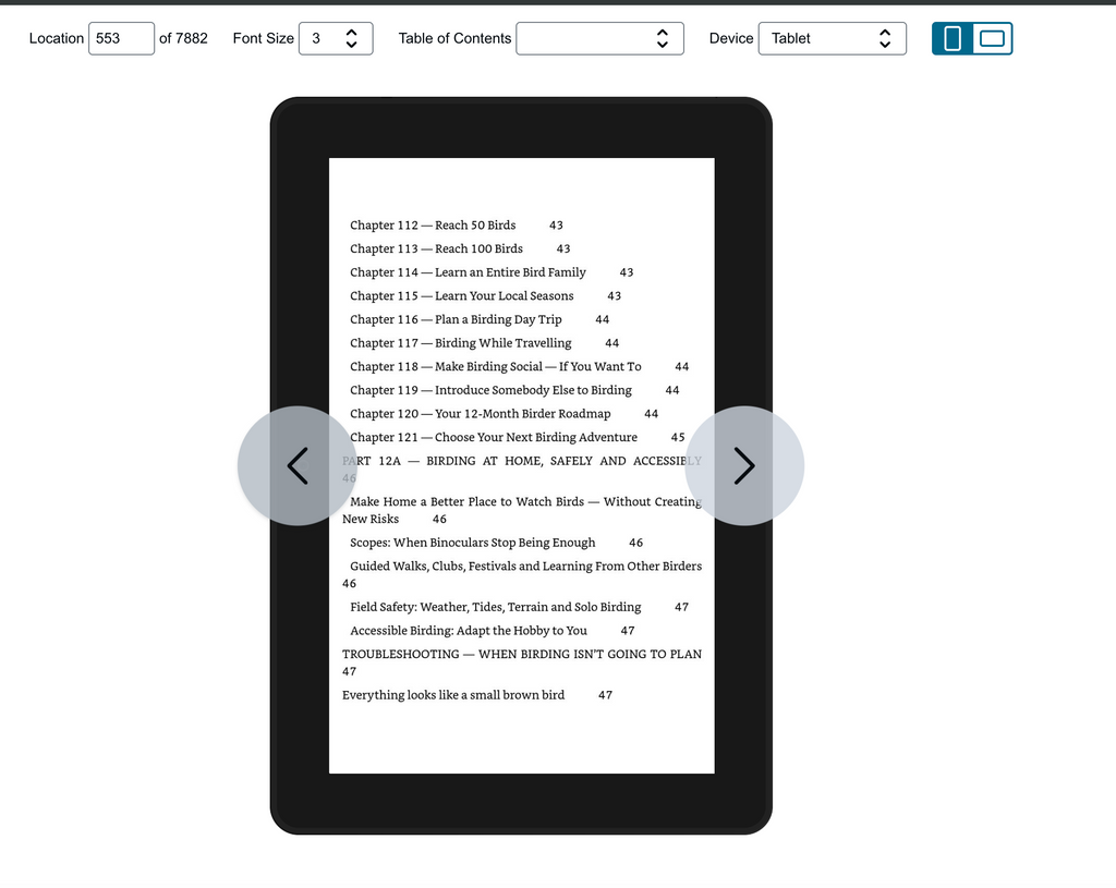 Digital birding guide on a tablet screen showing a table of contents and chapter list