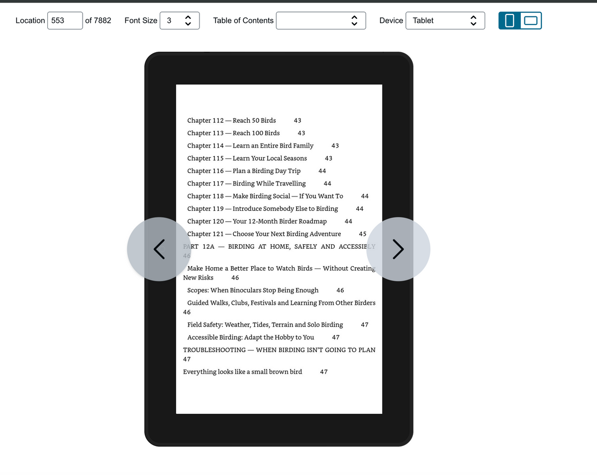 Digital birding guide on a tablet screen showing a table of contents and chapter list