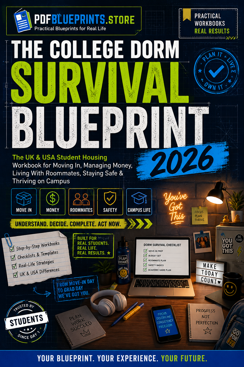 The College Dorm Survival Blueprint 2026 workbook cover for UK and US students