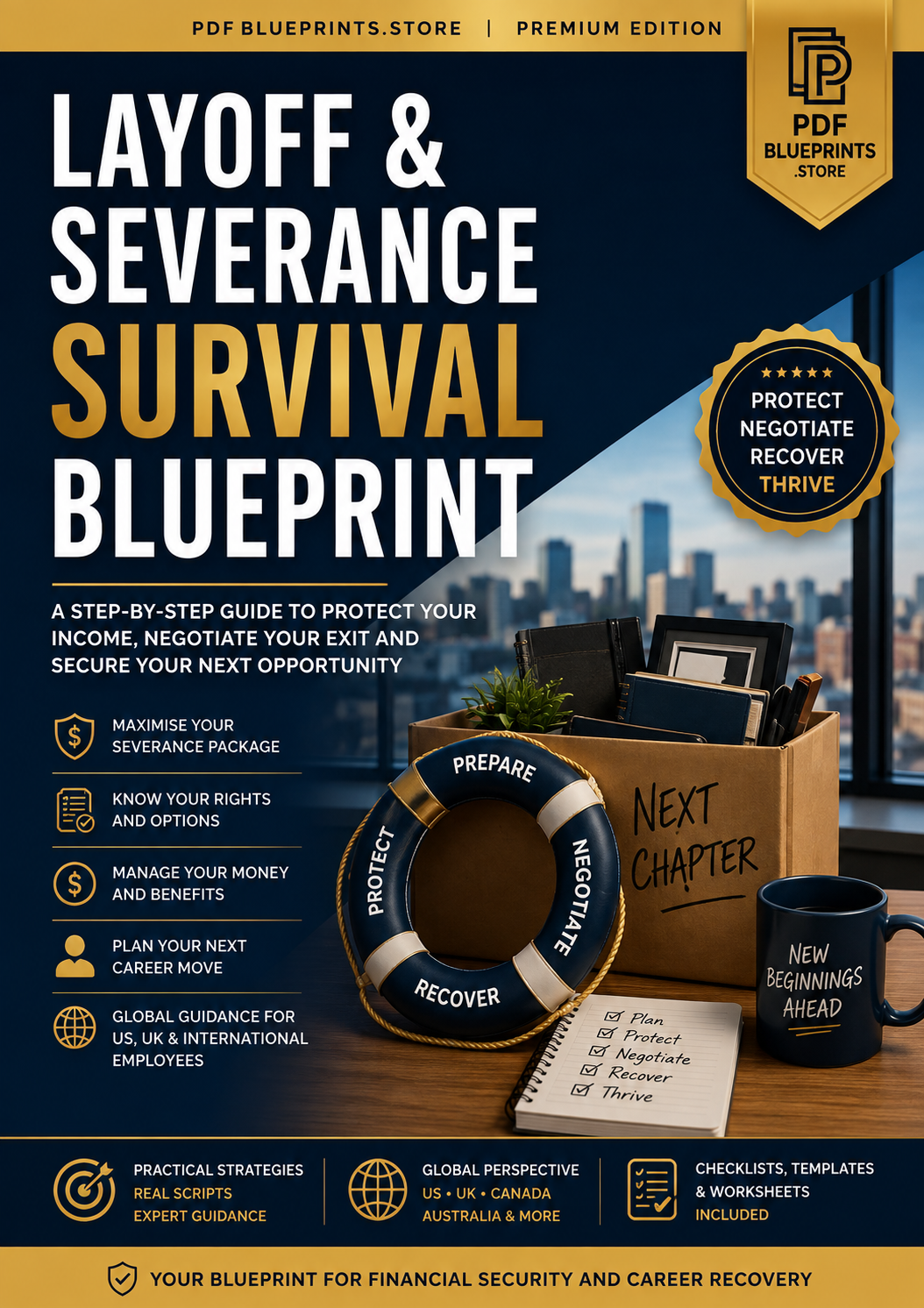 Layoff & severance survival blueprint guide, PDF workbook cover with ring binder